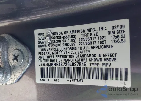 2009 Honda Cr-V Ex-L z USA, uszkodzony, nr VIN 5J6RE48739L027815